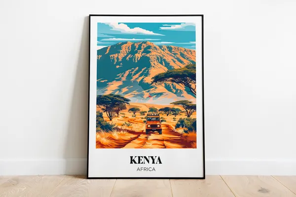 Kenya Retro Travel Poster, African Savannah Illustration