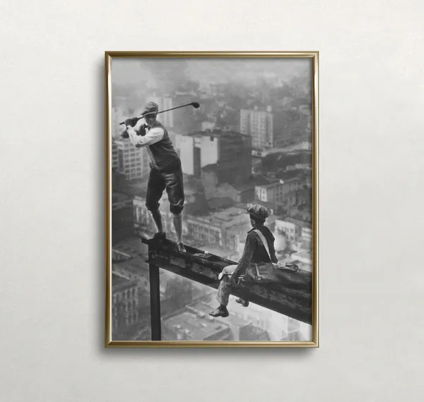 Golf on Skyscraper Beam, Vintage Black & White Art Print