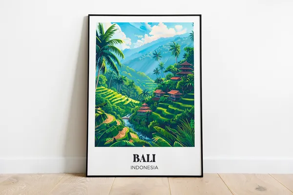 Bali Travel Poster, Flowers and Palm Trees
