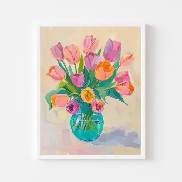 Colorful Tulip Painting, Retro Spring Floral Art Print