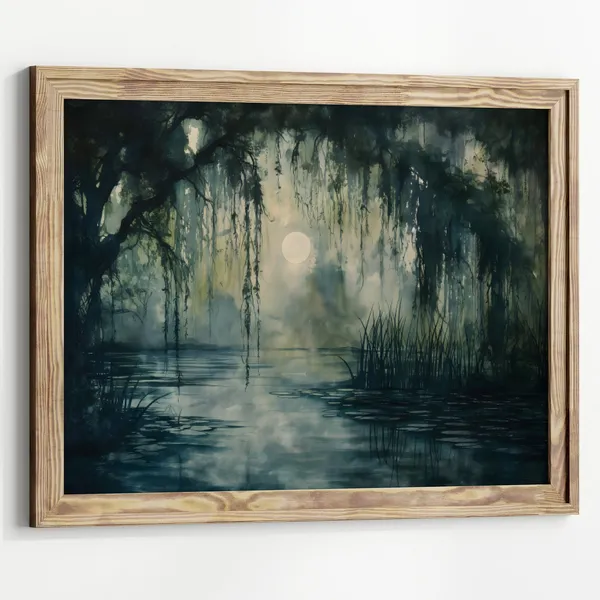 Willow Tree Pond Landscape, Dark Cottagecore Art Print