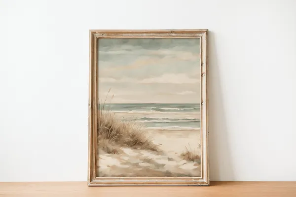 Vintage Beach Landscape Painting, Sea Wall Art Print