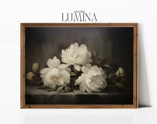 White Peony Flowers, Vintage Botanical Art Print