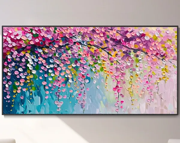 Pink Cherry Blossom Oil Painting, Spring Landscape