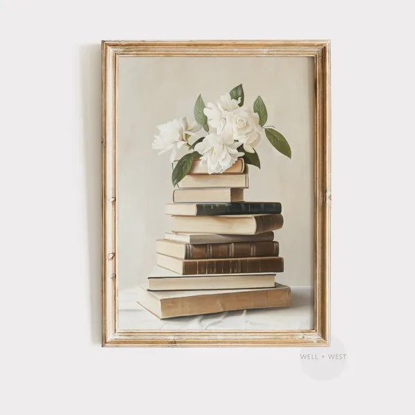 Stack Of Books With White Flowers, Vintage Art Print
