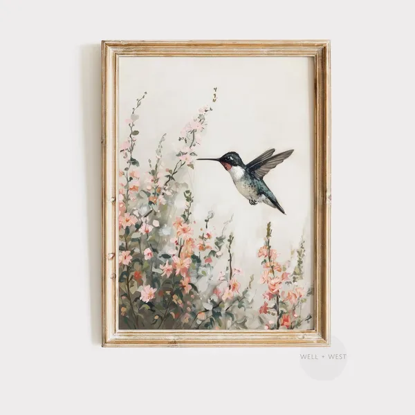 Hummingbird Vintage Floral Art Print, Cottagecore