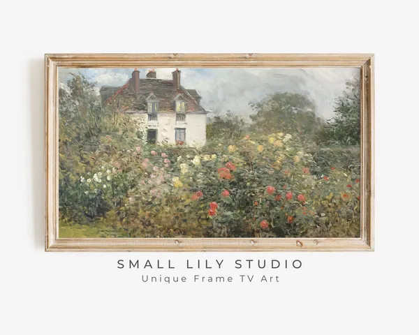 Cottage And Rose Garden Art Print, Vintage Style