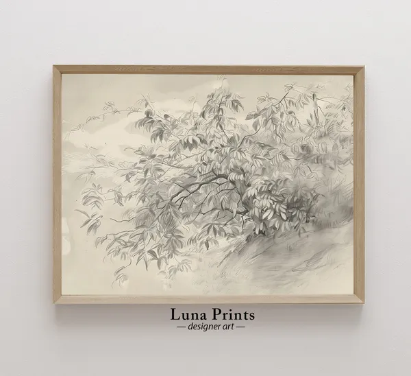 Tree Pencil Drawing Neutral Toned Vintage Landscape Art Print