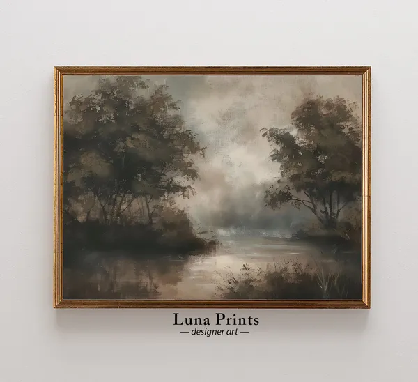 Moody Landscape River Painting, Trees for Living Room