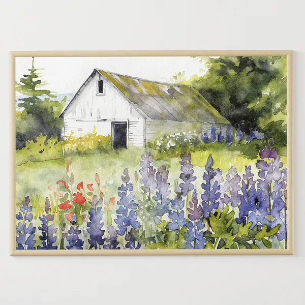 Bluebonnets Field and White Barn Watercolor Art Print