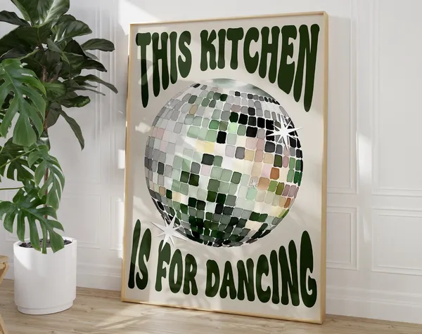 This Kitchen Is For Dancing Green Retro Poster