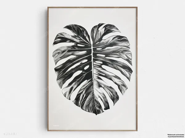 Black and White Monstera Leaf Art Print