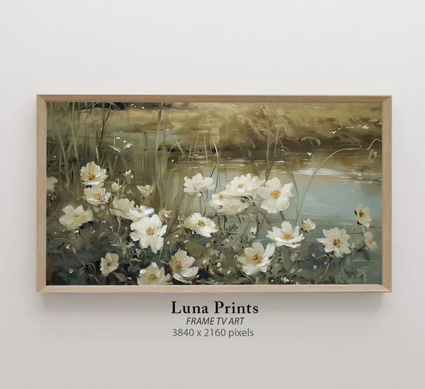 Cosmos Lake Landscape Art Print, Wildflowers Spring