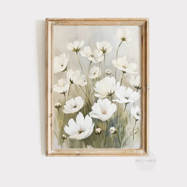 Spring Floral White Flower Oil Painting, Botanical Art