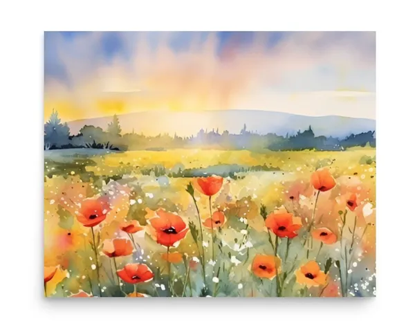 Poppy Field Sunset Watercolor Meadow Art Print