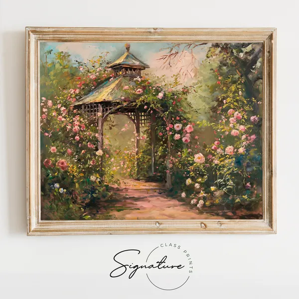 Summer Garden Gazebo Painting, Vintage Rose Decor