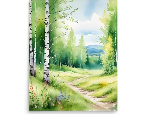 Aspen Hiking Trail in Birch Forest, Watercolor Art Print