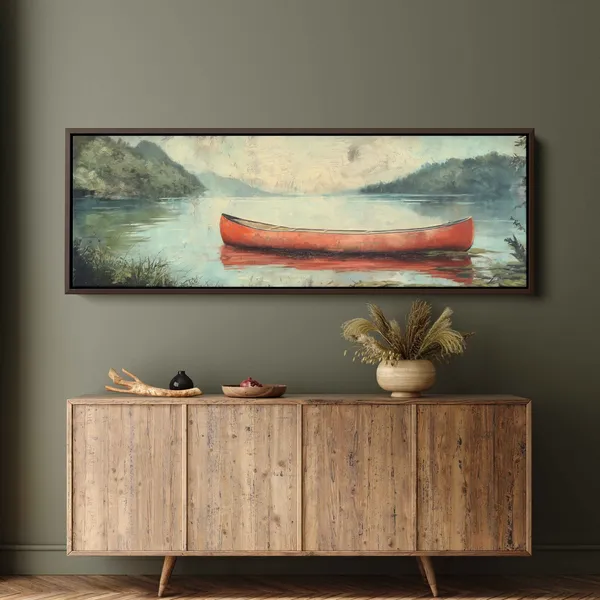 Vintage Wooden Canoe in Lake, Oil Wall Art Print