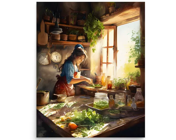 Woman Cooks in a Country Kitchen, French Country Print