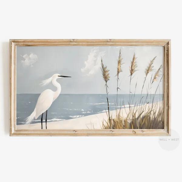 White Heron Vintage Style Art Print, Coastal Decor