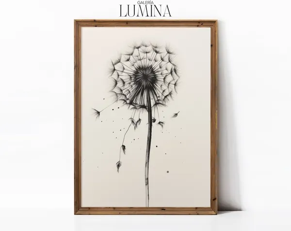 Dandelion Charcoal Sketch, Minimalist Botanical Art Print