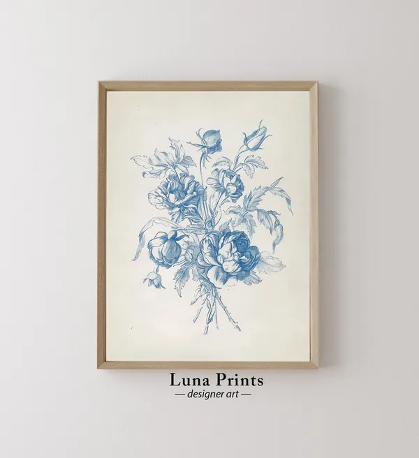 Blue Floral Sketch Print, Vintage Rose Botanical