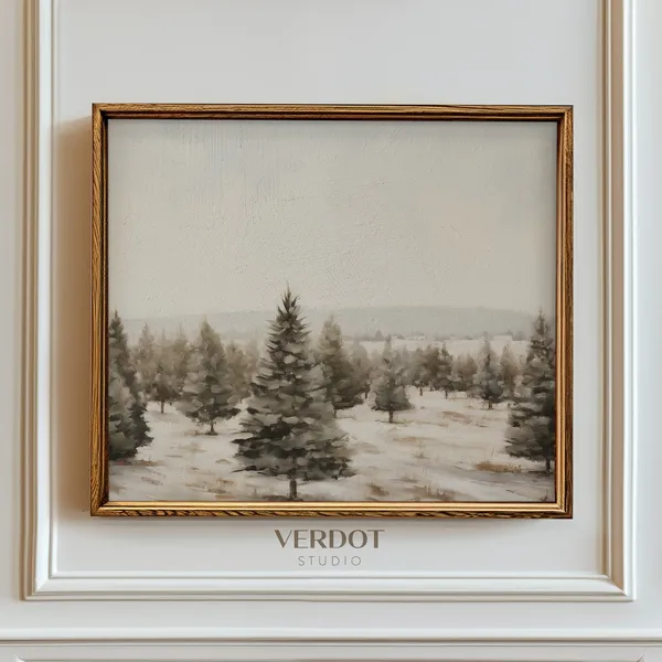 Vintage Christmas Tree Farm, Neutral Rustic Winter Art Print