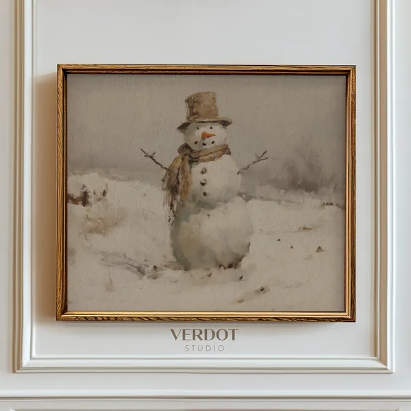 Vintage Snowman Painting, Neutral Christmas Wall Art