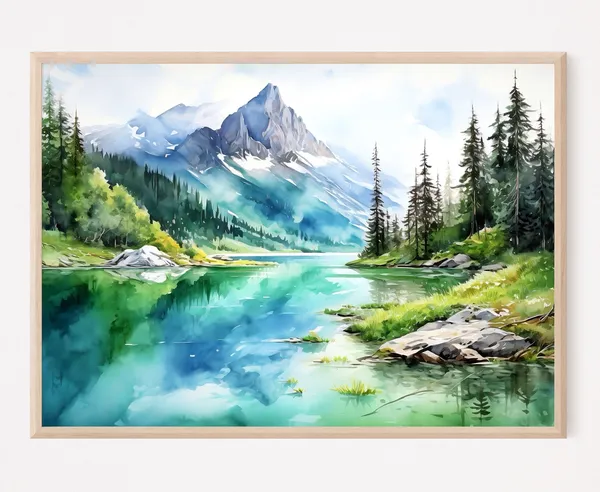 Majestic Mountain Lake Watercolor Art Print
