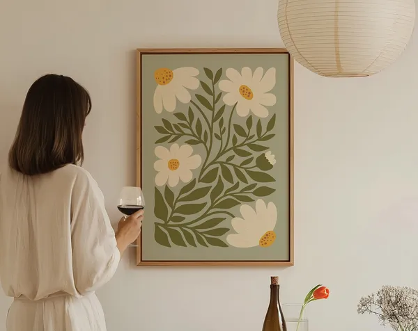 Sage Green Daisies Boho Living Room Art Print