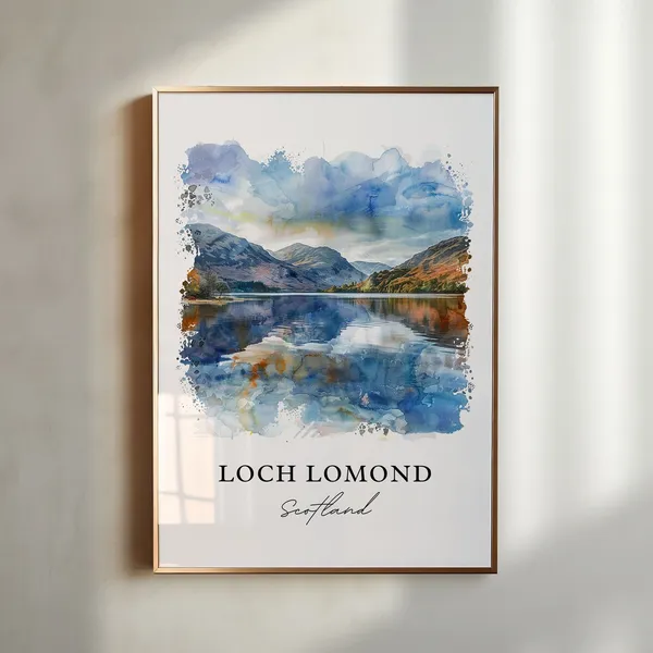 Loch Lomond Watercolor Travel Poster, Scotland