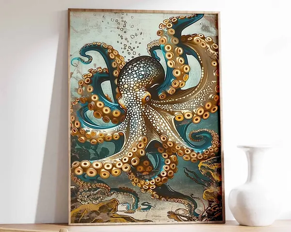 Octopus Sealife Decor Vintage Animal Wall Art Print