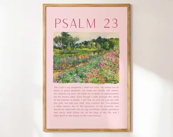 Psalm 23 Vintage Flower Art Print, Christian Verse