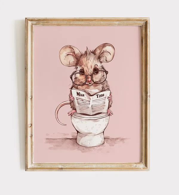 Reading Mouse Vintage Style Bathroom Art Print