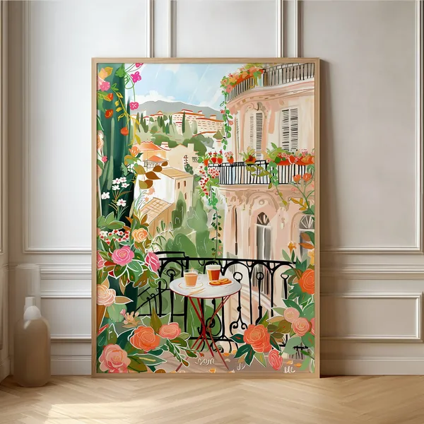 European Balcony, Romantic Italian Cafe Scene Art Print