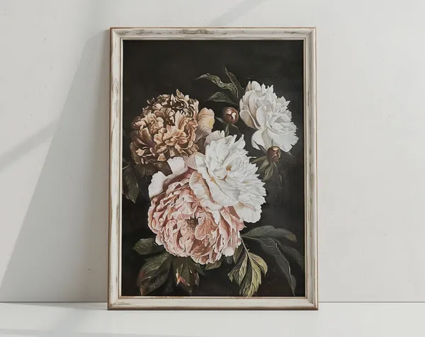Pink Peony Vintage Floral Art Print, Moody Decor