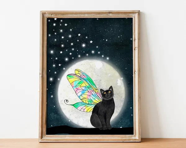 Fairy Cat Fantasy Art Print, Black Kitten Illustration