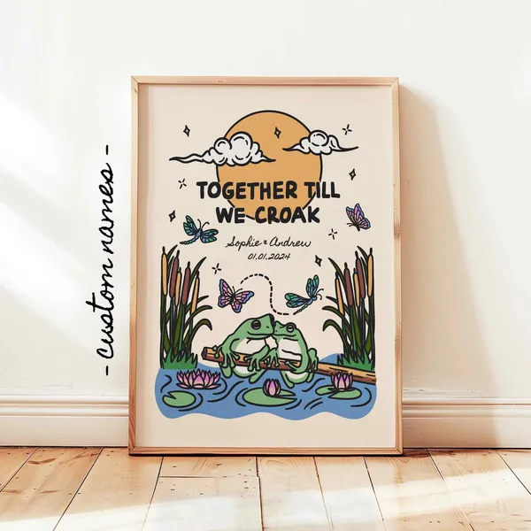 Custom Married Couple Frog Retro Poster, Cottagecore