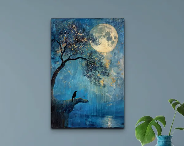 Moon At Night With Crow, Lone Tree Art Print