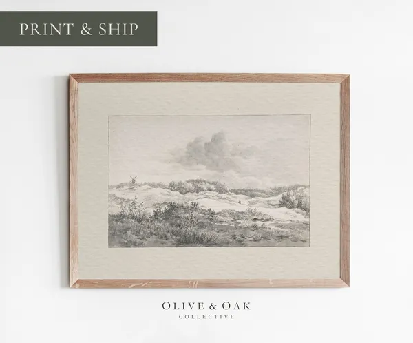 Rustic Landscape Drawing, Vintage Neutral Art Print