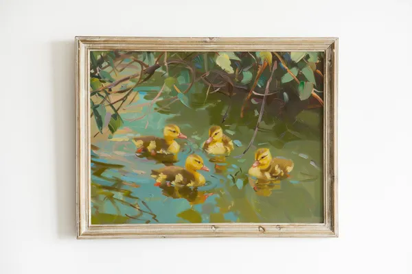 Duck Painting Antique Bathroom Wall Art, Rustic Farmhouse Art Print