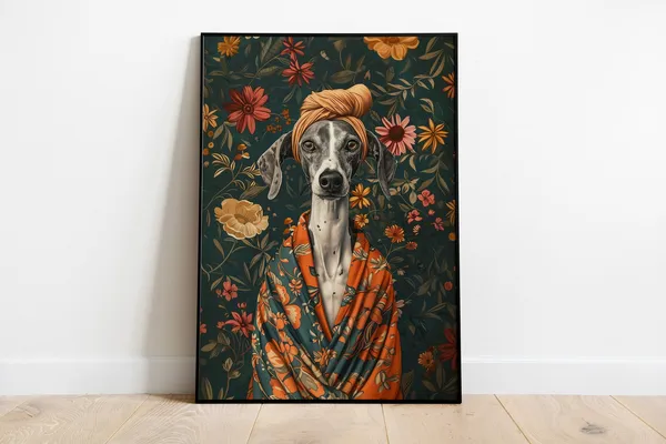 Greyhound In Bathrobe Art Print, Portrait Humour