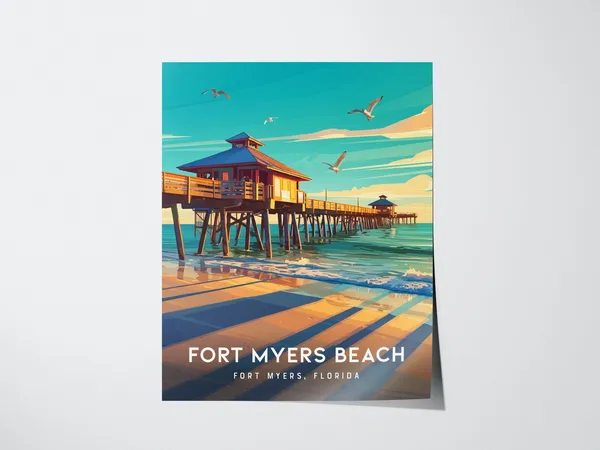Fort Myers Beach Pier Travel Poster, Florida Gulf Coast