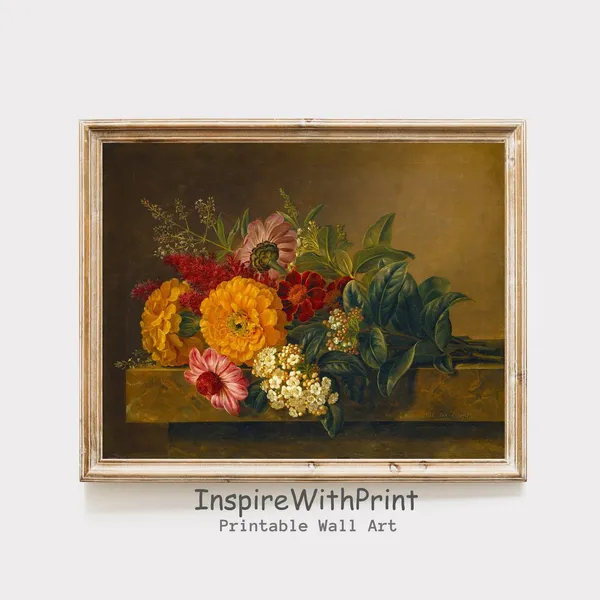 Vintage Flower Still Life Painting, Moody Floral Art Print