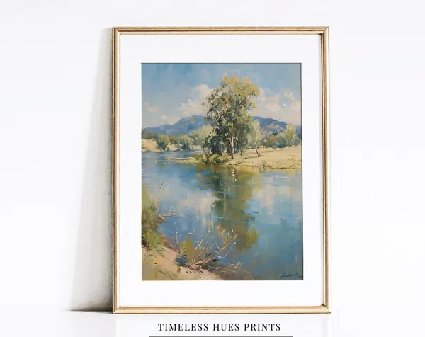 Vintage Lakeside Rural Countryside Landscape Art Print