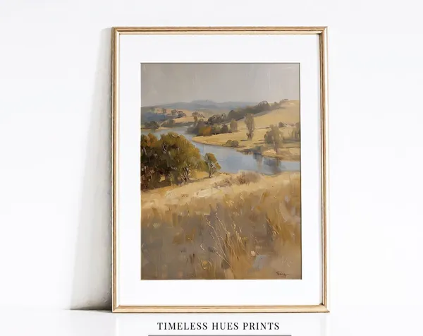 Lake Countryside Vintage Rustic Landscape Art Print