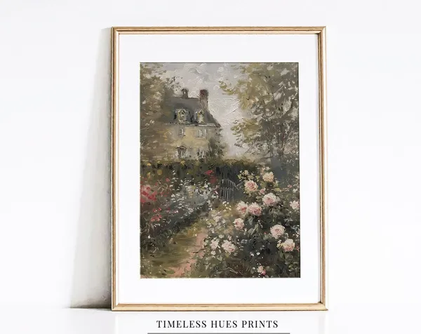 Moody Flower Garden Cottage Painting, Vintage Floral