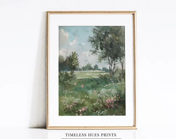 Spring Meadow Painting, Moody Vintage Landscape Art