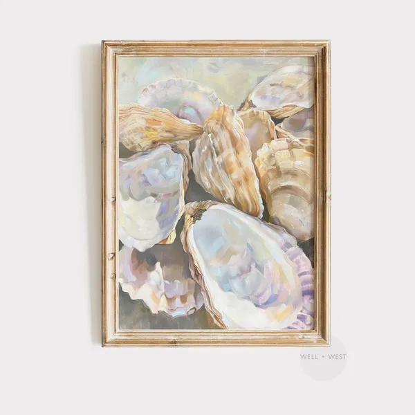 Pastel Oyster Shells Painting, Coastal Beach House Art