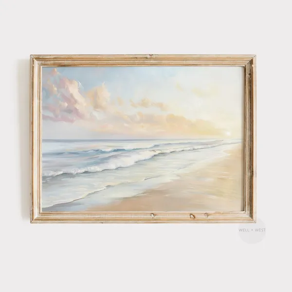 Pastel Beach Print, Vintage Coastal Ocean Landscape